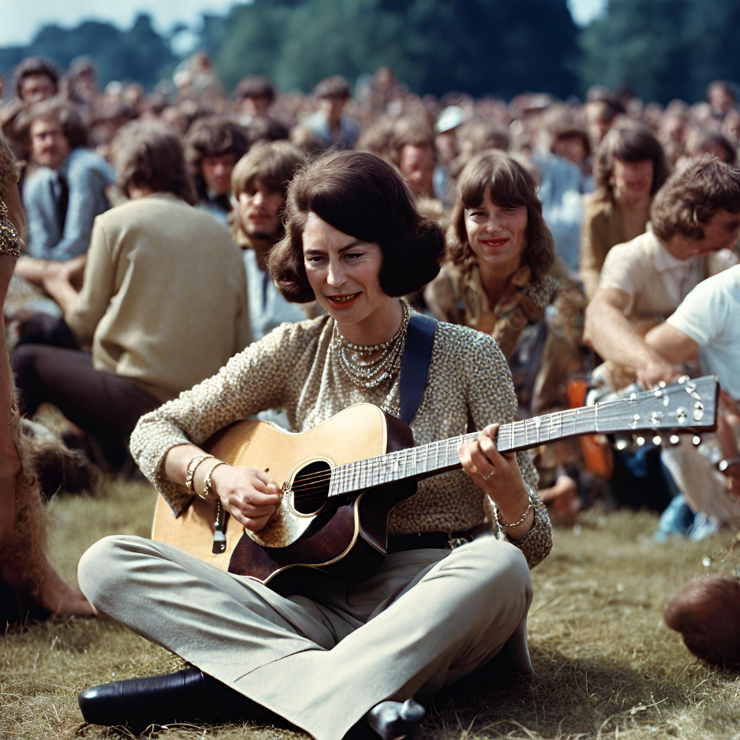 an artificial intelligence generated image of queen elisabeth playing at Woodstock